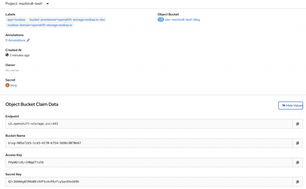OCS shows access key and secret key via API or web-ui.
