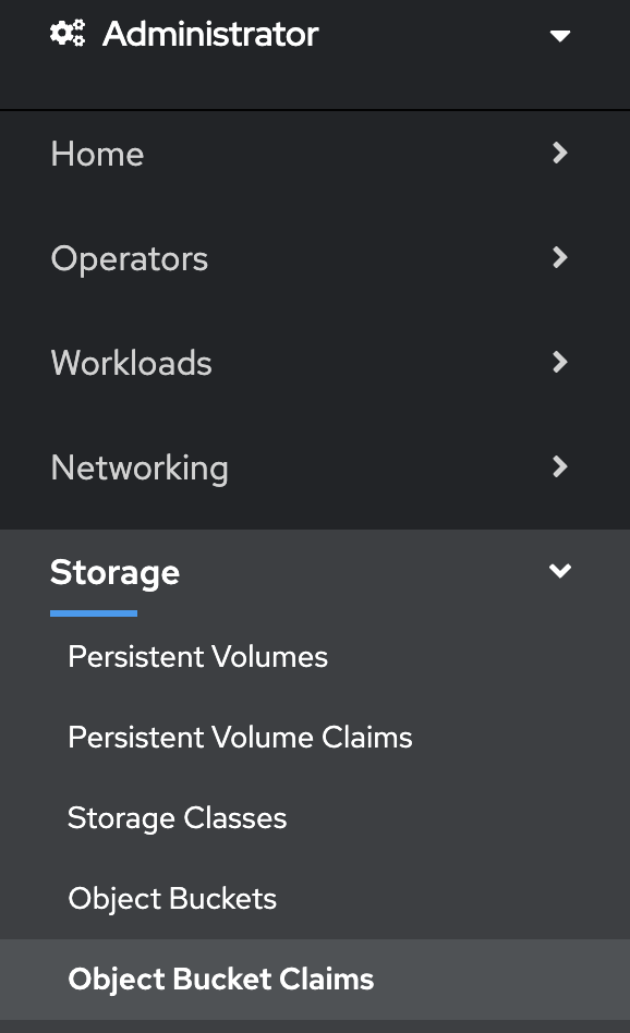 Menu bar of RHOCP in the storage area