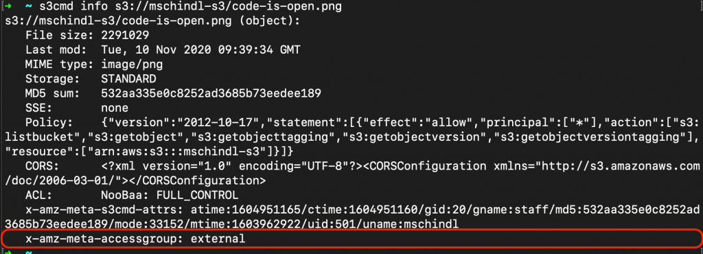 s3cmd shows the added metadata of an object.