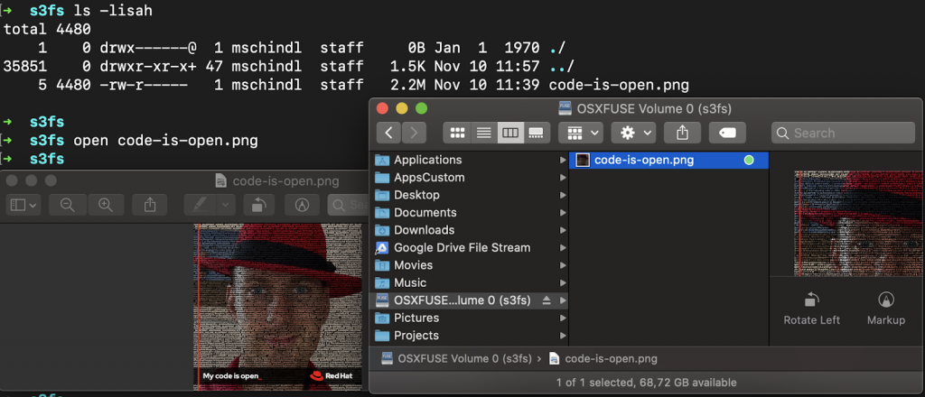 Mounting a bucket to the user file system via FUSE and open a file which was written somewhere else.