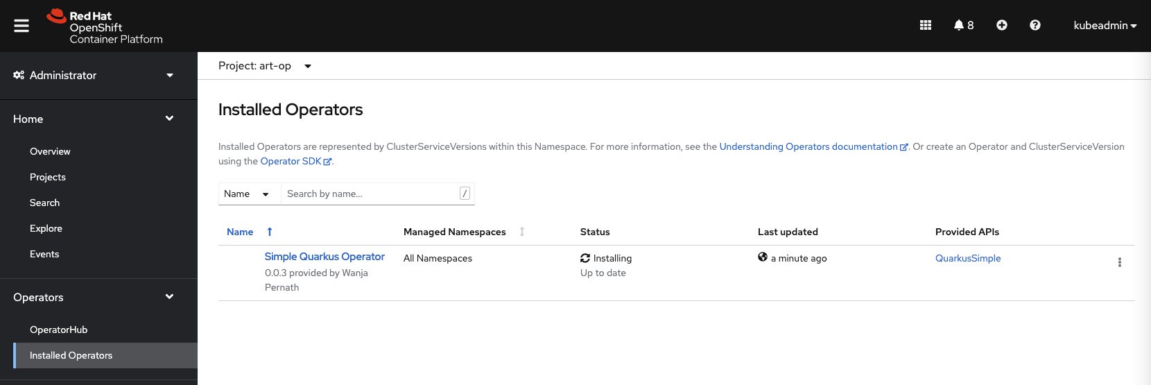 Image 11: The installed Operator in OpenShift UI