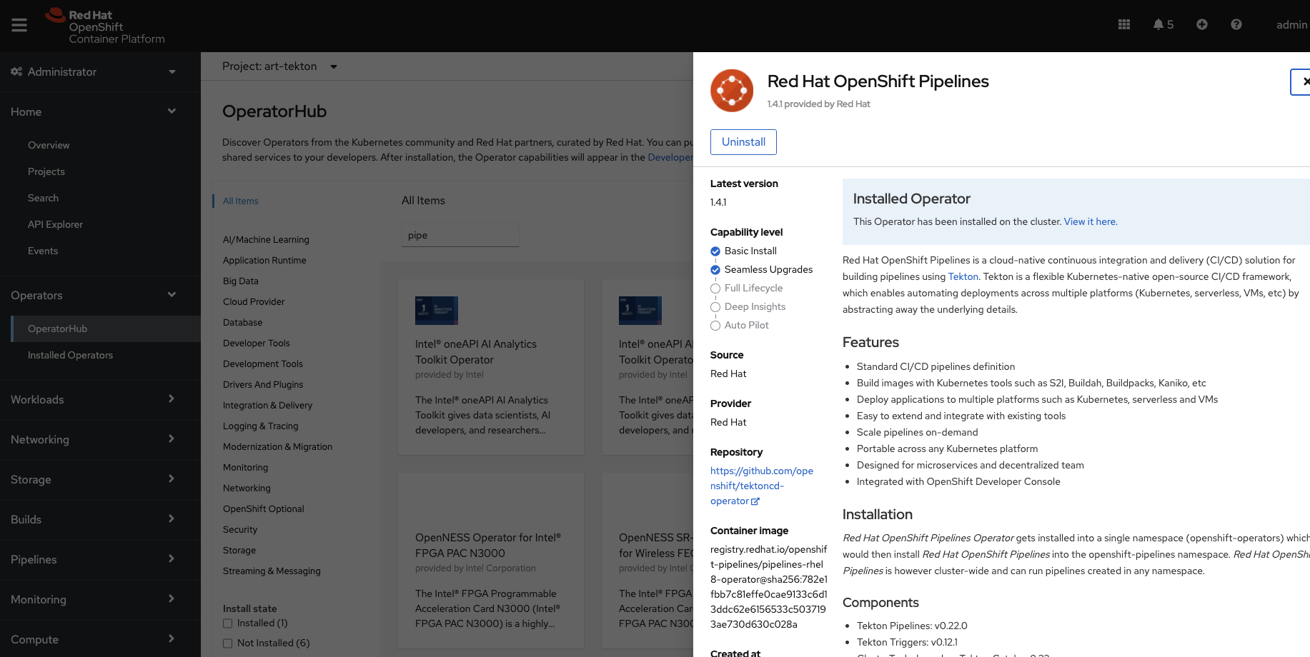Image 1: Using the OpenShift UI to install OpenShift Pipelines operator