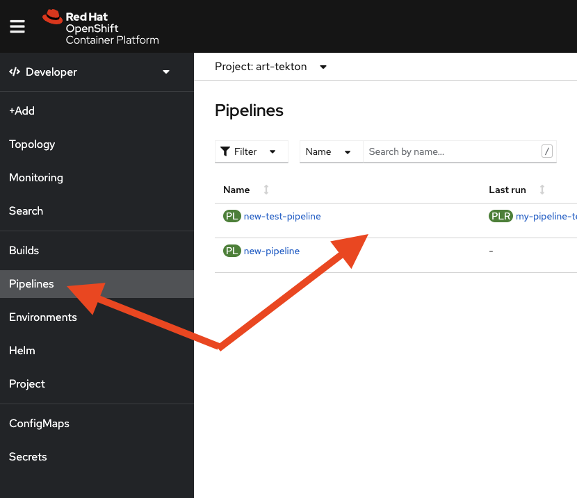 Image 2: New UI entries in the OpenShift GUI after you've installed the Pipelines Operator