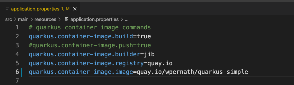 Image 3: Application properties of the quarkus application