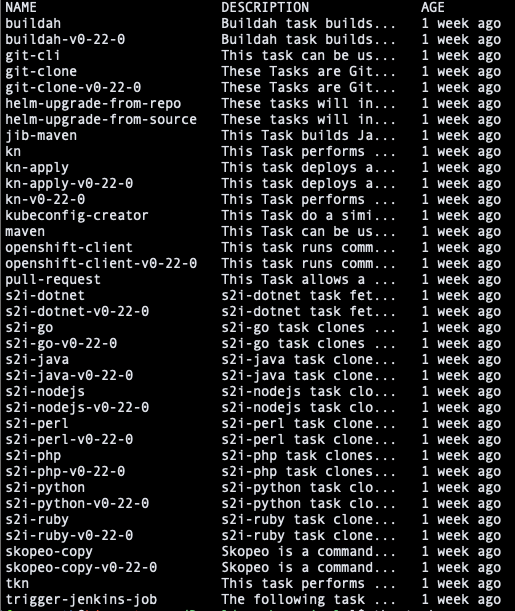 Image 4: Available ClusterTasks in OpenShift after installation of pipelines operator