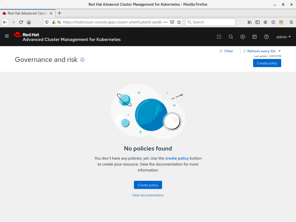 Startpage of Goverance and Risk in RHACM
