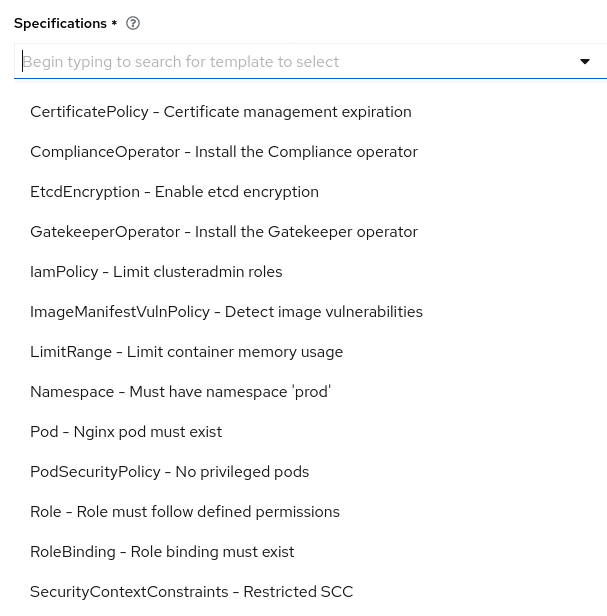 Policy Specification selection box