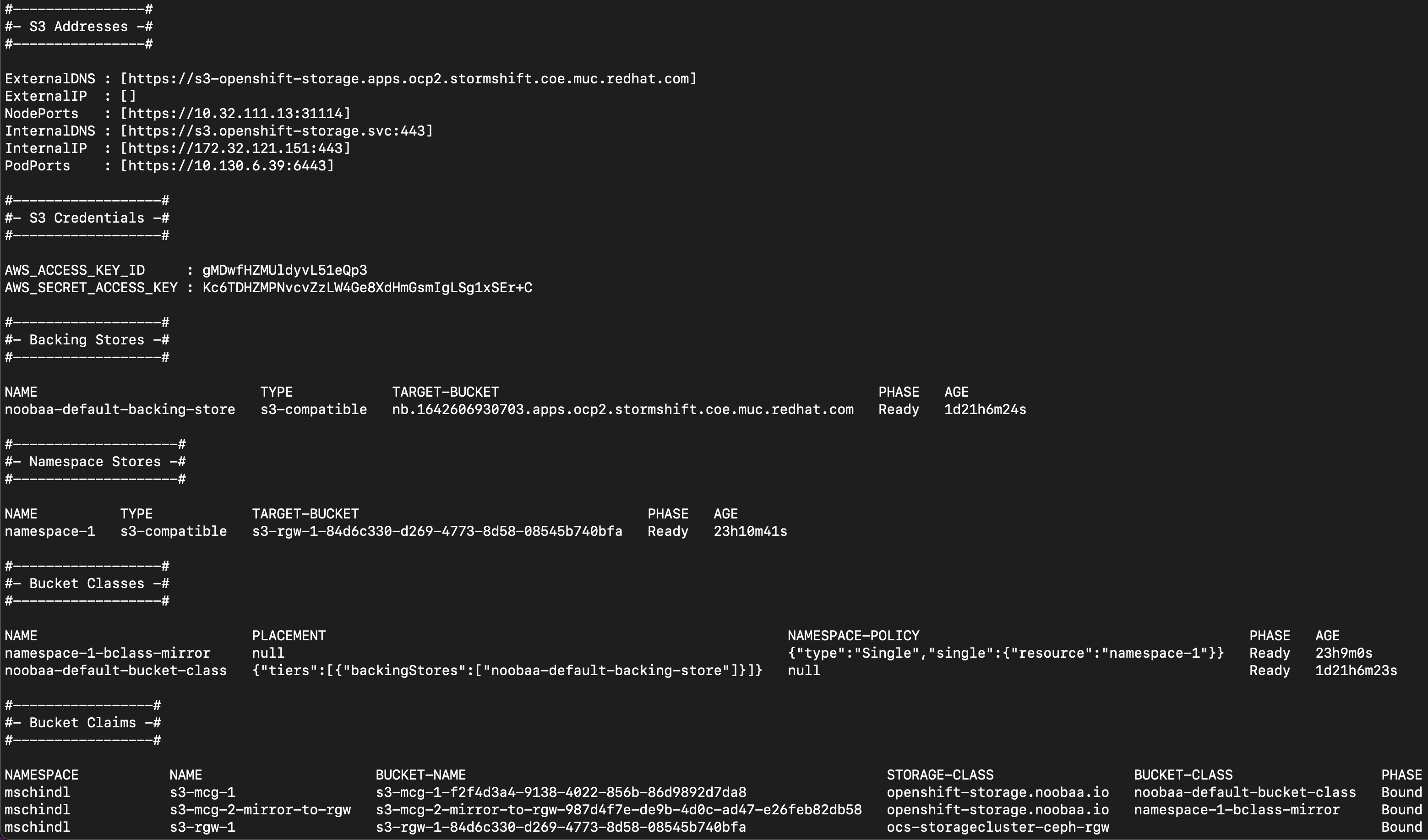 "noobaa status" output with details about current configuration