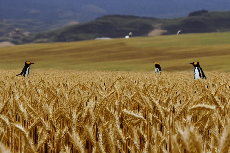 Penguins in a wheat field landscape