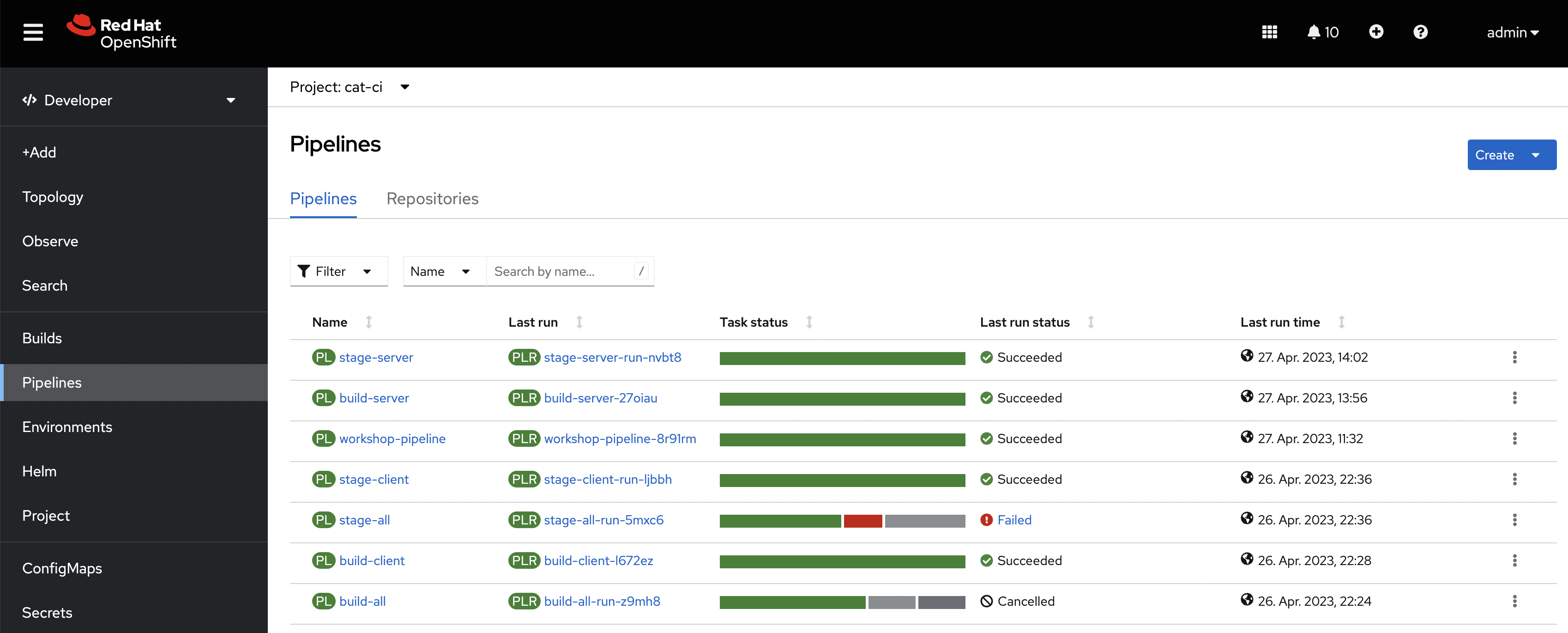 Figure #12: OpenShift Pipelines with all Tekton pipelines of the demo