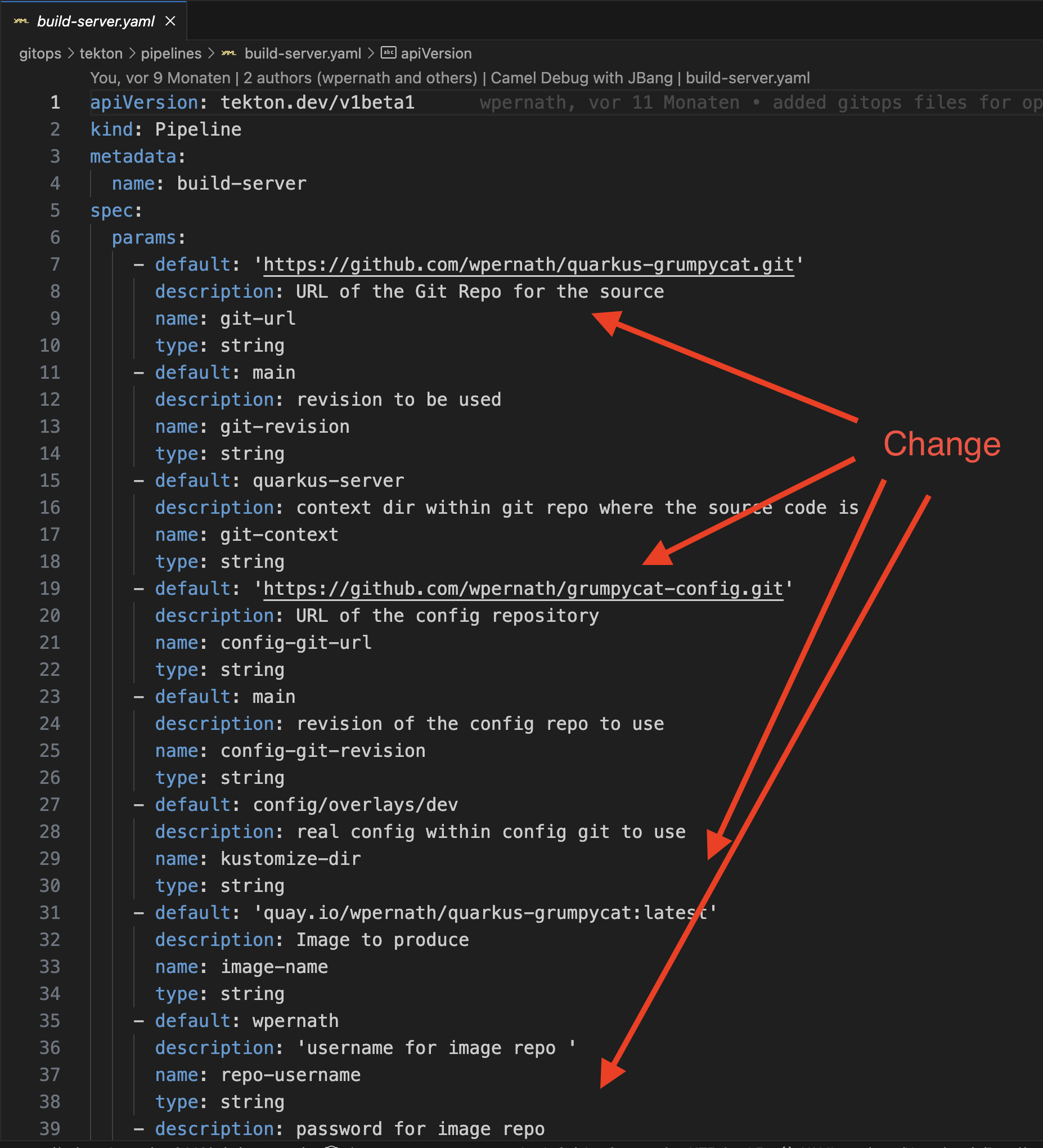 Figure #2: Change those parameters in the pipelines build-server and build-client