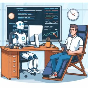 a robot assistant sitting at his desk programming while his human boss is in a sun chair giving instructions